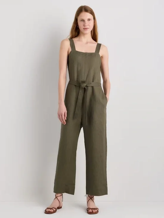 Quince Women’s European Linen Square Neck Jumpsuit Light Cargo Size Small