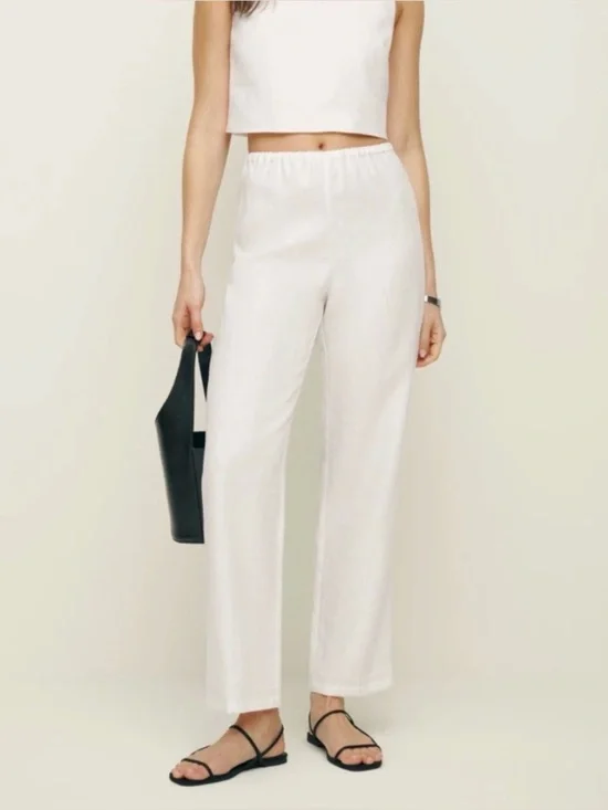 Reformation White Straight-Leg Linen Blend Trousers