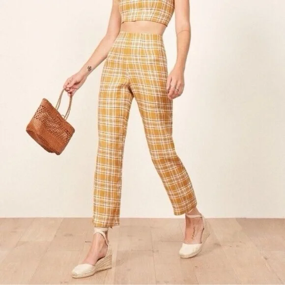 Reformation Linen Plaid Pants in 