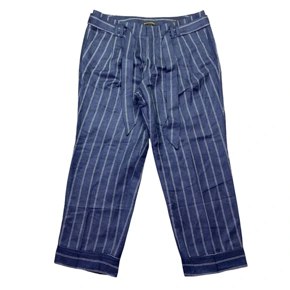 Banana Republic Avery Ankle Pants Navy Blue Pinstripe Linen Blend Tie Waist 10‎