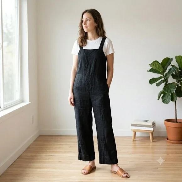 Everlane Womens Linen Jumpsuit 0 Black Square Neck Sleeveless Minimalist