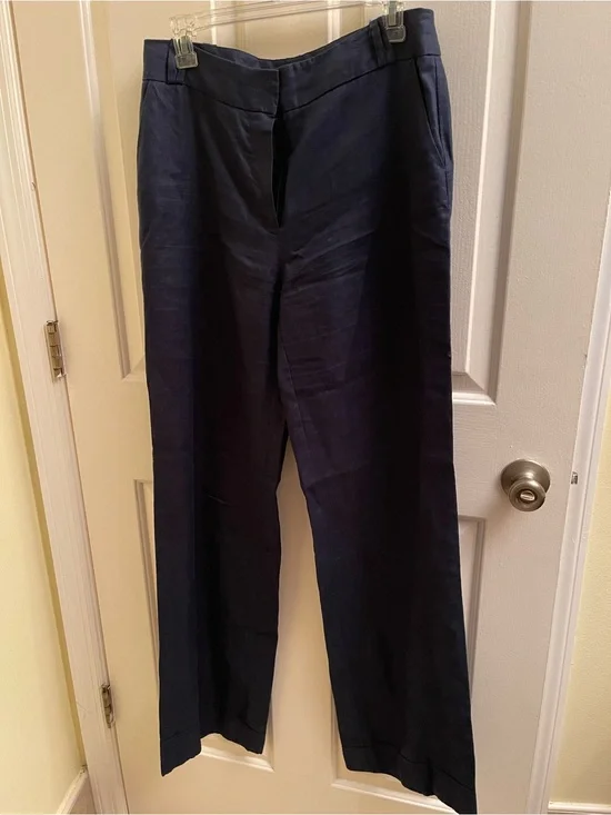 Mango 100% Linen Dressy Wide-Leg Pants in Navy Blue for Work or Special Occasion