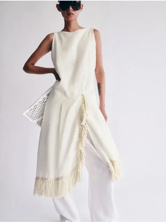 ZARA COLLECTION 100% LINEN FRINGED DRESS