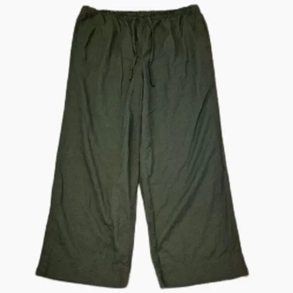 H&M Linen Blend Wide Leg Pants XL Olive Green Drawstring Pull On Basic Casual