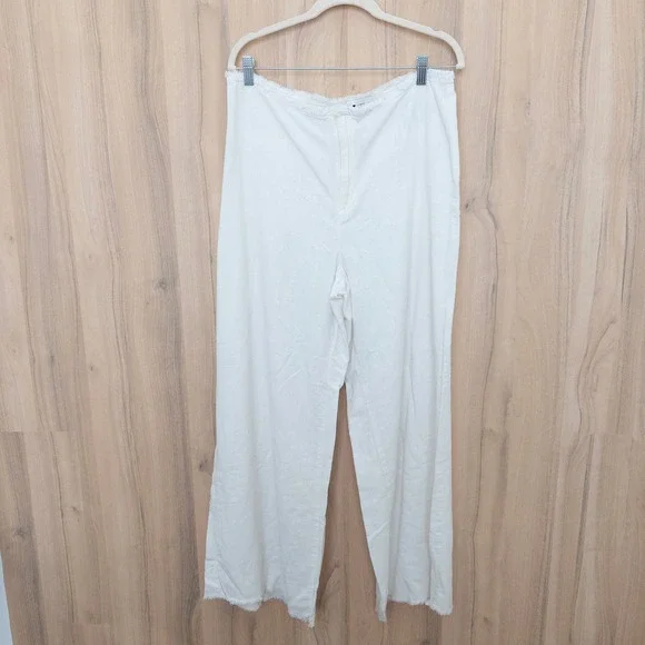 Womens Linen Blend Pants 12 Wide Leg Raw Hem Fringe Coastal Beach Summer Casual