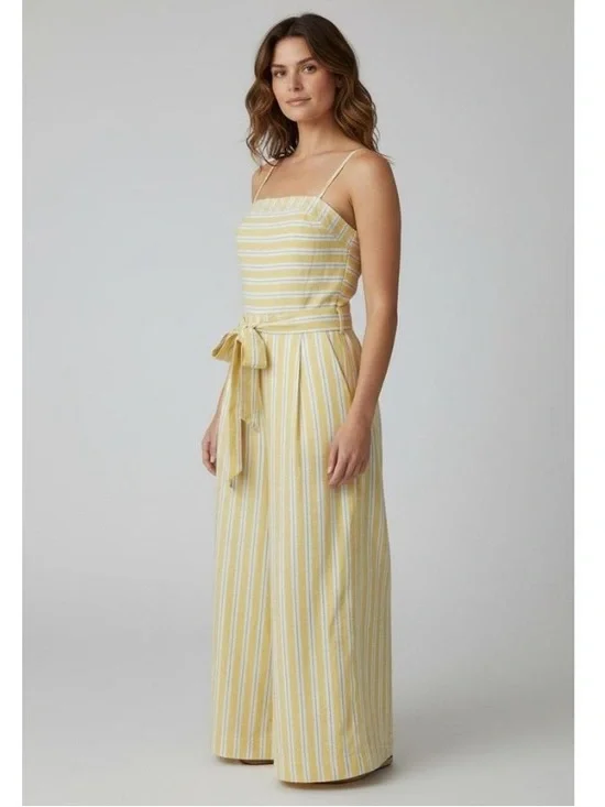 Banana Republic Women’s Yellow & White Striped Jumpsuit Size 8 NWT Linen Blend