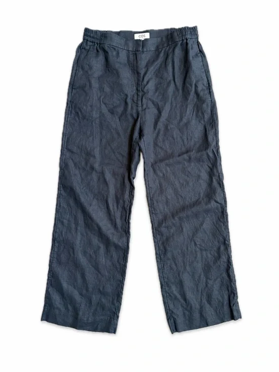 COS 100% Linen Wide Leg Pants Navy High Rise Straight Elastic Waist Women's 10
