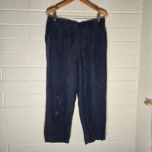 Quince Women Linen Pants Navy Large Elastic Waist Relaxed Cropped Boho Resort