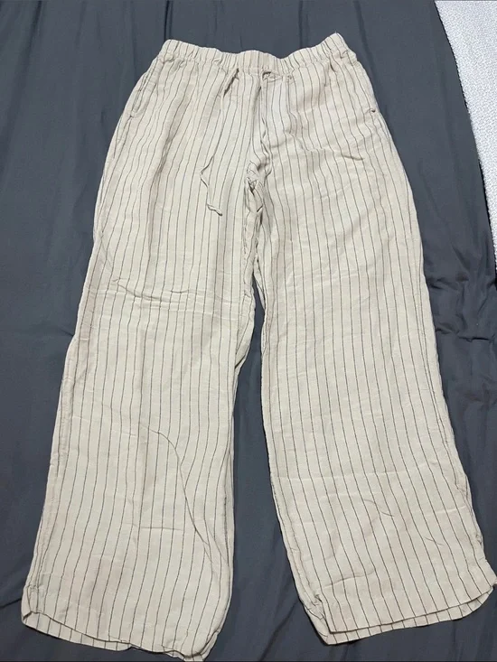 H&M Cream Wide-Leg Linen-Blend Pants with Black Pinstripes