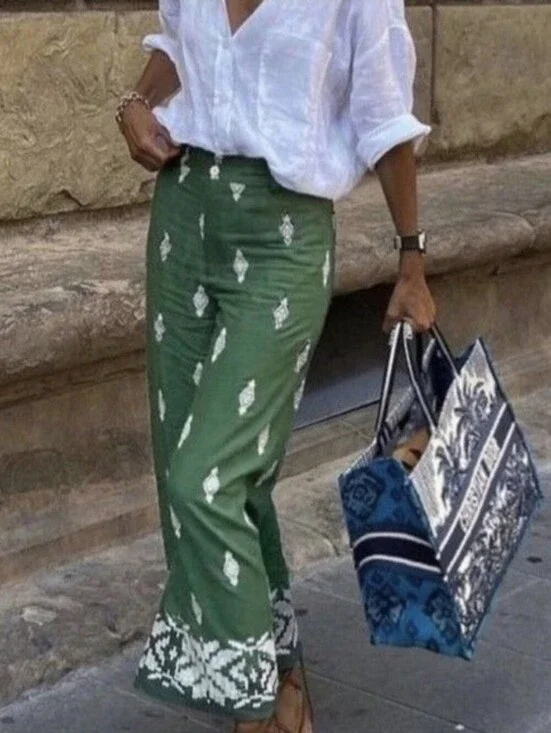 Zara Linen Blend Green With White Embroidered Cropped Pants Size Medium