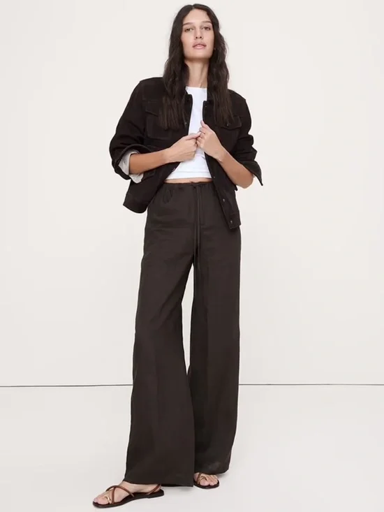 Banana Republic The Studio Wide-Leg Drawstring Pant in Linen Color Brownstone