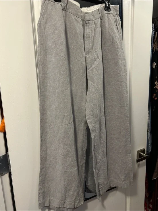 Mango Light Gray Wide-Leg Linen-Blend Pants with Vest.