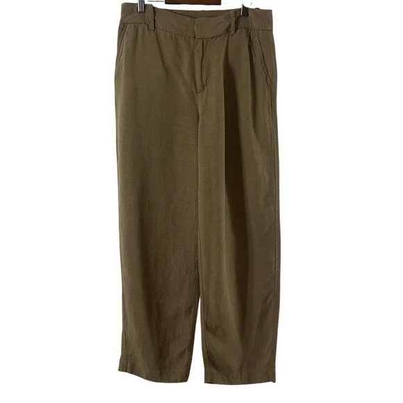 Zara Womens Small‎ Olive Brown Linen Blend High Rise Wide Leg Relaxed Pants