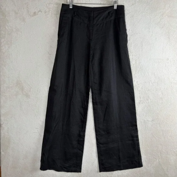 H&M Women Black 100% Linen Wide Leg Trousers Pants Size 8 Minimalist Summer