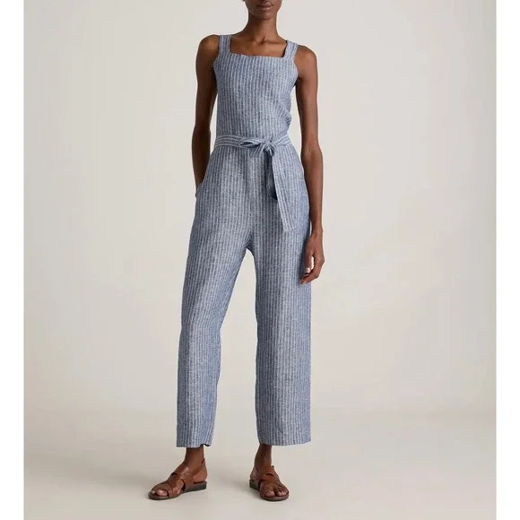 Quince Jumpsuit NO BELT European Linen Square Neck Blue Chambray Stripe Large
