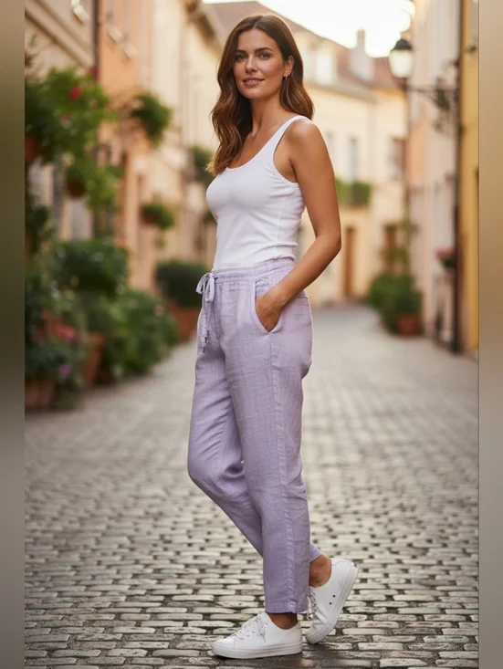 Mango Linen Women's Lavender Drawstring Linen Chinos