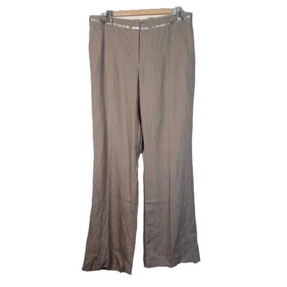 H&M Women’s Size 14 Pants 100% Linen Wide Leg Pockets‎ Mid Rise Tan Taupe Office