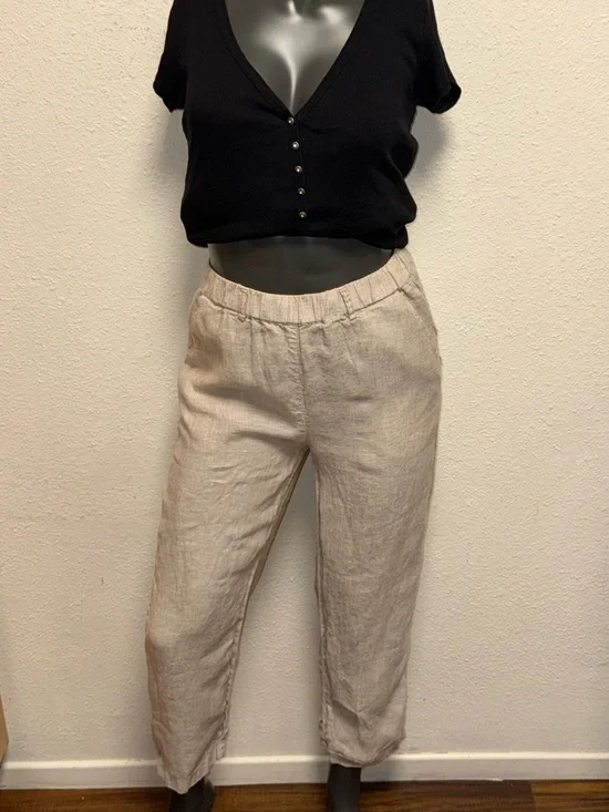 Quince Natural Beige Cropped Linen-Blend Pants