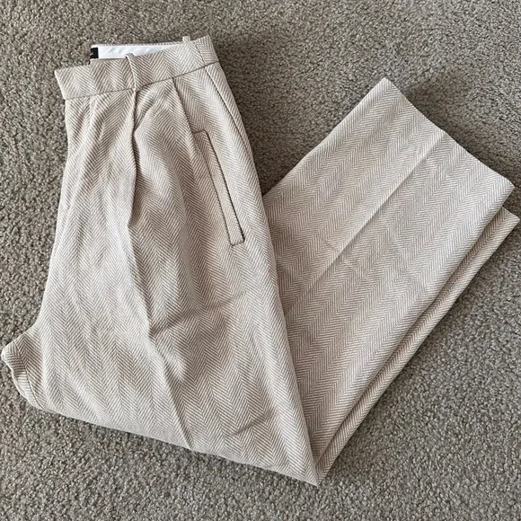 BR High-Rise Wide-Leg Tan Herringbone Pants linen cotton Size 8 heavy warm