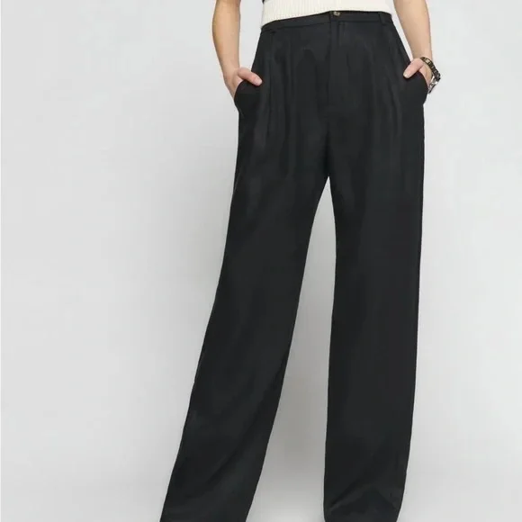 Reformation mason linen pants black high rise drapey wide‎ leg trouser 8Petite