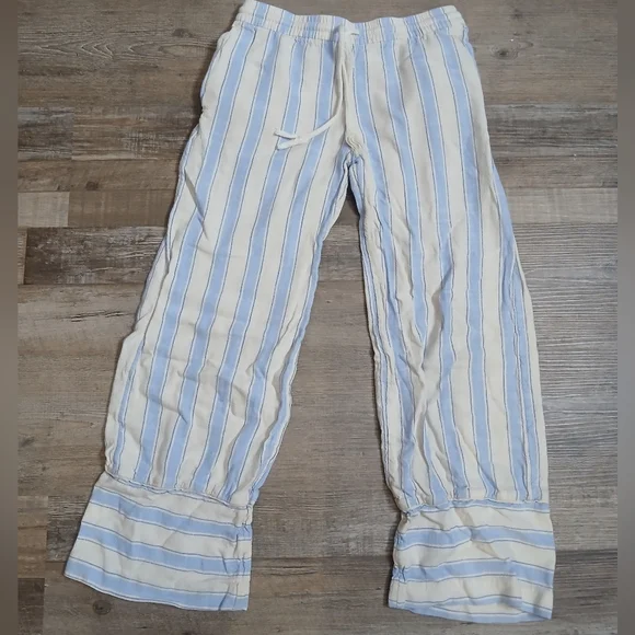 H&M Divided Striped Pants Women XS Blue‎ Cream Linen Blend Boho Wide Leg Ruffle