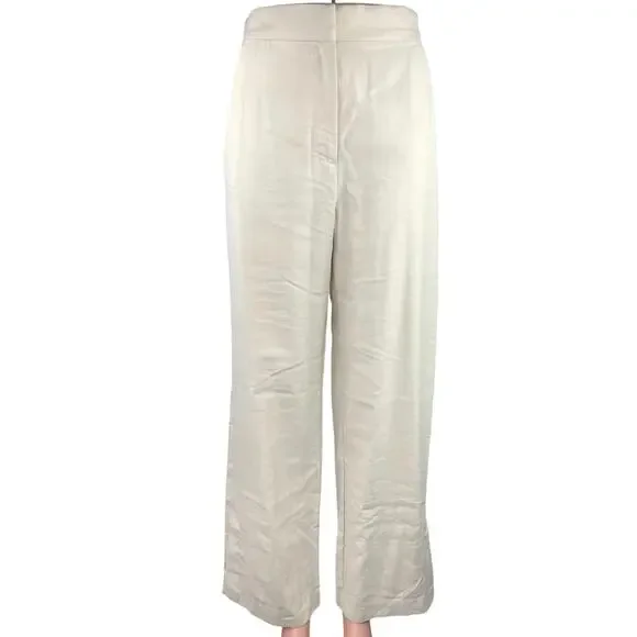 H&M Women's Linen White Business Wide Straight Leg Dress Trousers Pants Size 4