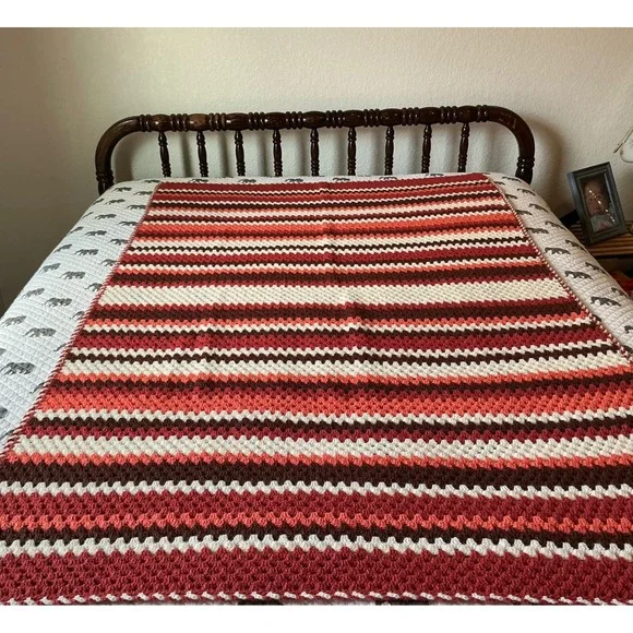 Vintage Handmade Crochet Afghan Blanket Retro Striped Lap Throw 59x38 Mid Centur