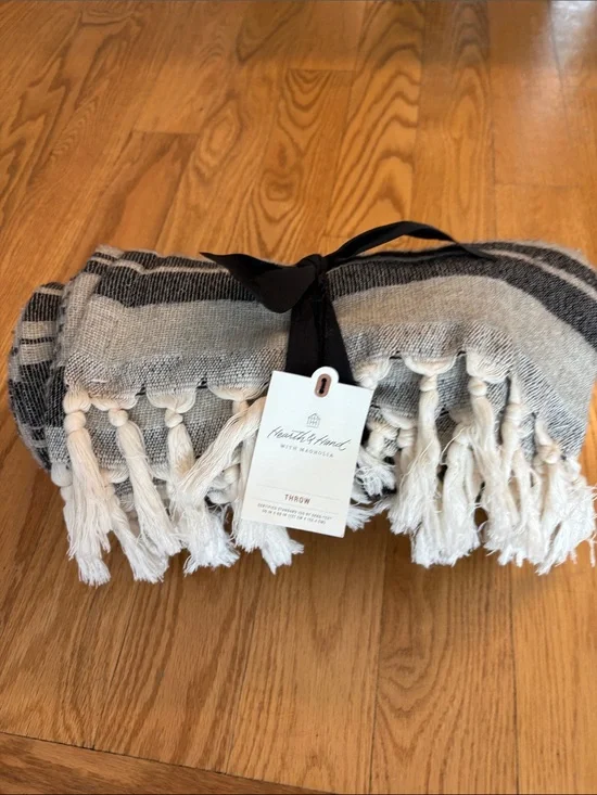 Hearth & Hand Black and Cream Striped Tassel Throw Blanket
