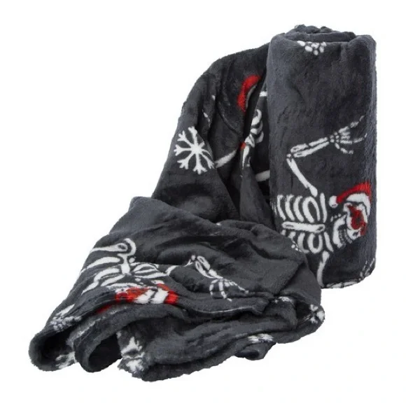 Holiday Print Plush Blanket 50in X 60in - Skeleton Santa Blanket Hallomas NWT