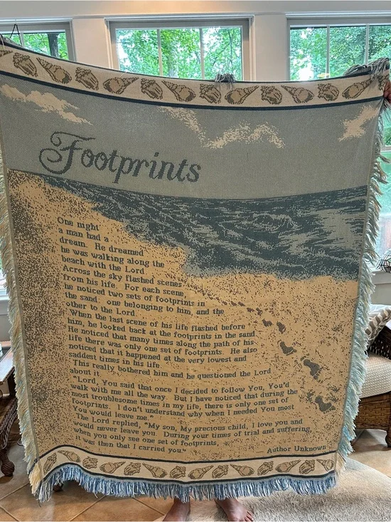 Footprints Woven Throw Blanket 48x60 Christian Inspirational Fringed Tapestry