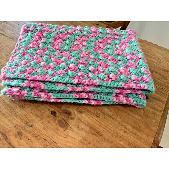 Handmade Chunky Crochet Blanket Pink Mint & Lavander Puff Stitch Throw 47x32