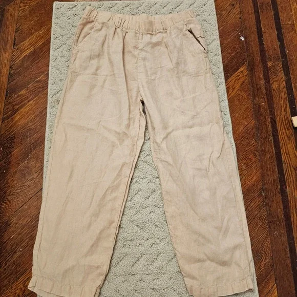 Quince Women Beige 100% European Linen Relaxed Straight Leg Pants Size L