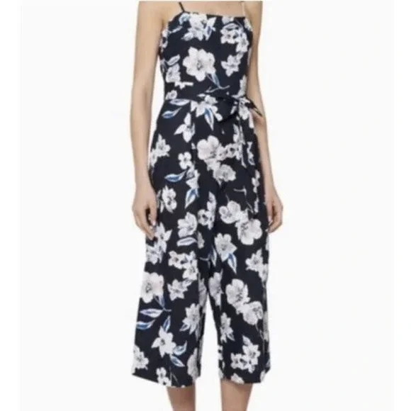 Banana Republic Navy Floral Linen Strappy Wide Leg Cropped Jumpsuit 6 426580-00