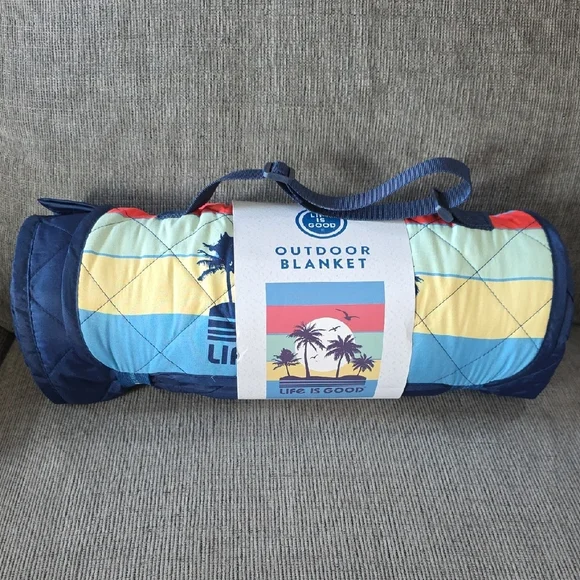 Life Is Good Blue Outdoor Blanket With Palm Trees And‎ Stripes, NWT, 50