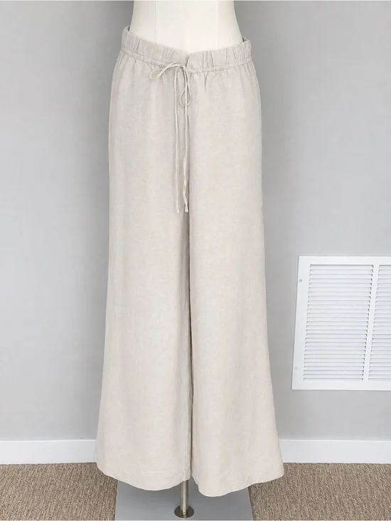 H&M Linen Blend Wide Leg Drawstring Pants Beige L Relaxed Casual