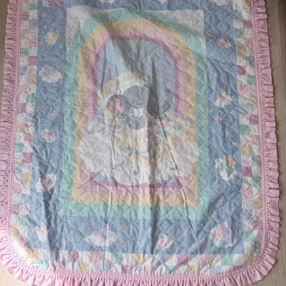 Vintage‎ 80s/90s Pastel Elephant Rainbow Baby Blanket Quilted Ruffle Nursery