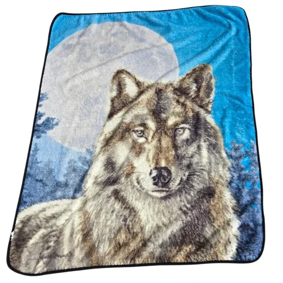 James Meger Wolf‎ Full Moon Fleece Throw Blanket Blue Wildlife 48x58 Northwest