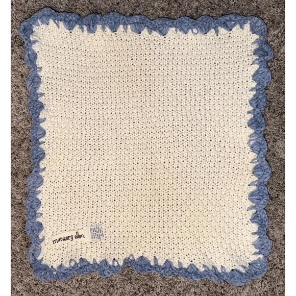 Margery Ellen Crochet Baby‎ Blanket Lovey Cream Blue Trim Cotton Handmade Style