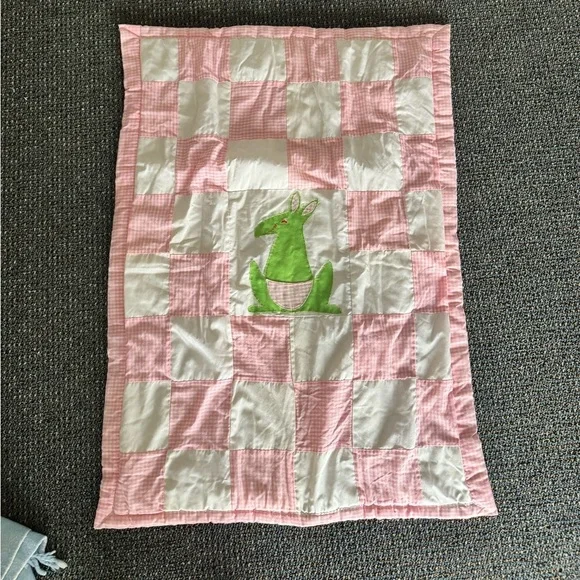 Pink and‎ White Patchwork Baby Blanket with Green Kangaroo