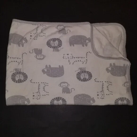 Rene Rofe Gray White Animals Receiving Baby Blanket 100% Cotton Lion Monkey Bear