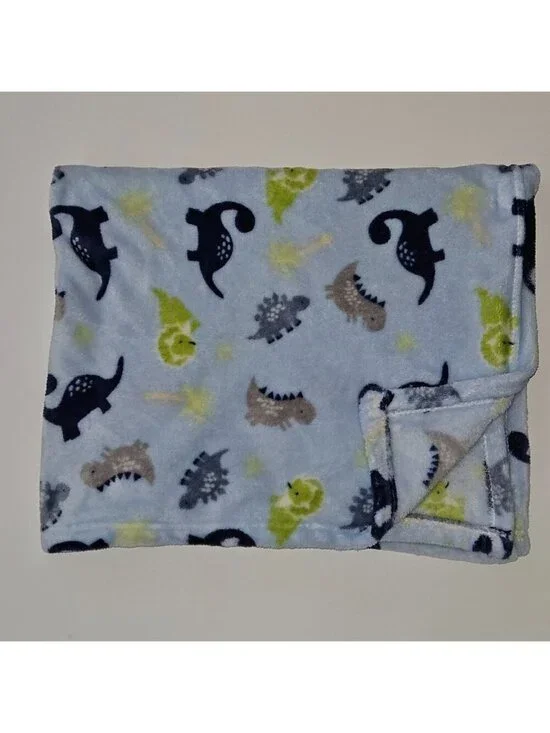 Parent's Choice Blue Dinosaur Fleece Baby Blanket Gray Green Trees 30x36 SOFT