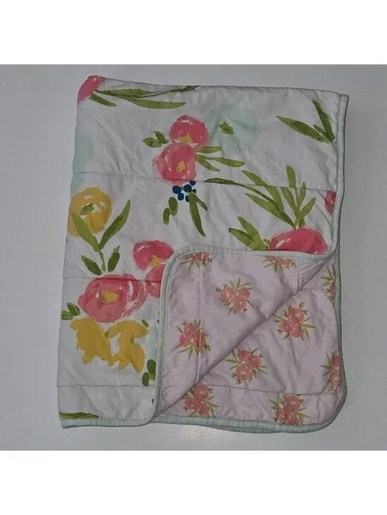 Cloud Island Baby Crib Blanket Reversible Pink Green Yellow Flowers Cotton