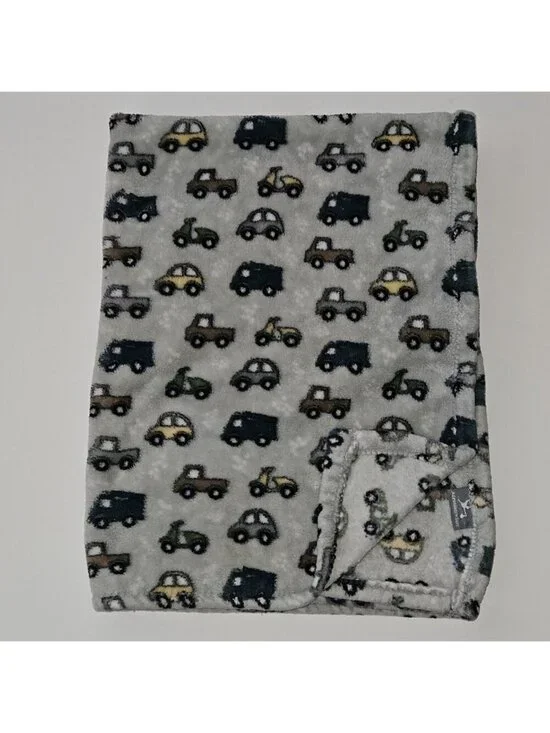 Adirondack Baby Blanket Fleece 28x38 Gray Vehicles Cars Trucks Blue Yellow Green