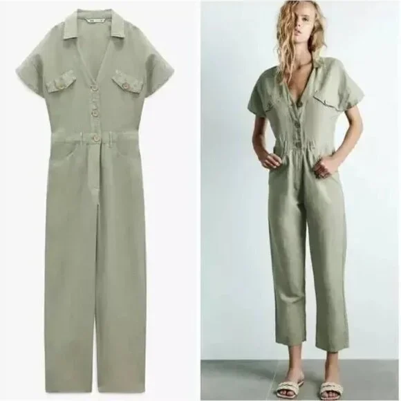 ZARA Green Khaki Linen Blend Short Sleeve Jumpsuit  SIZE S 8200/708/506