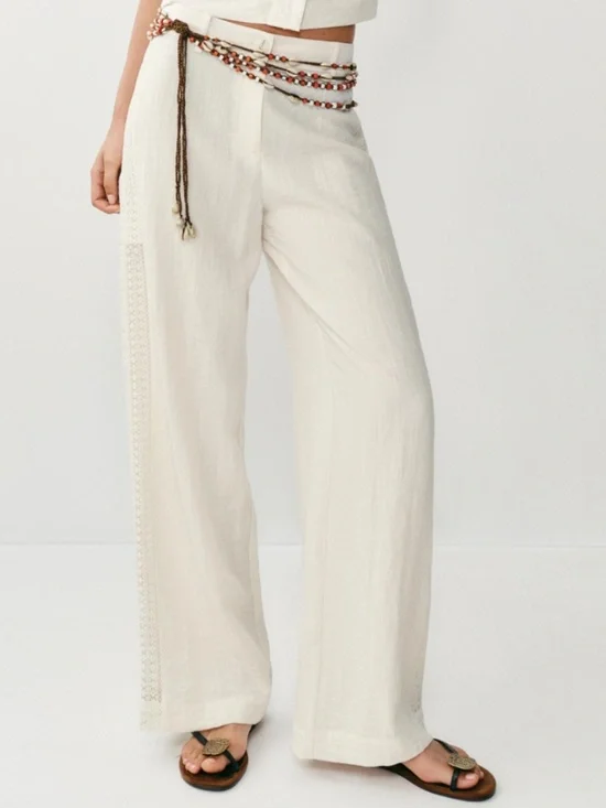 NWOT Zara XS Side Lace Insert Straight Leg Pants Ecru Cream Ivory Linen Look