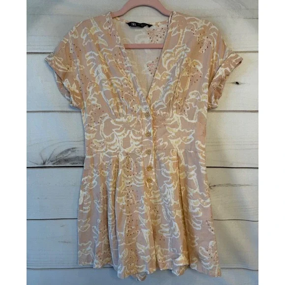 Zara Womens Peach Tropical Palm Eyelet Linen Blend Button Front Romper Small