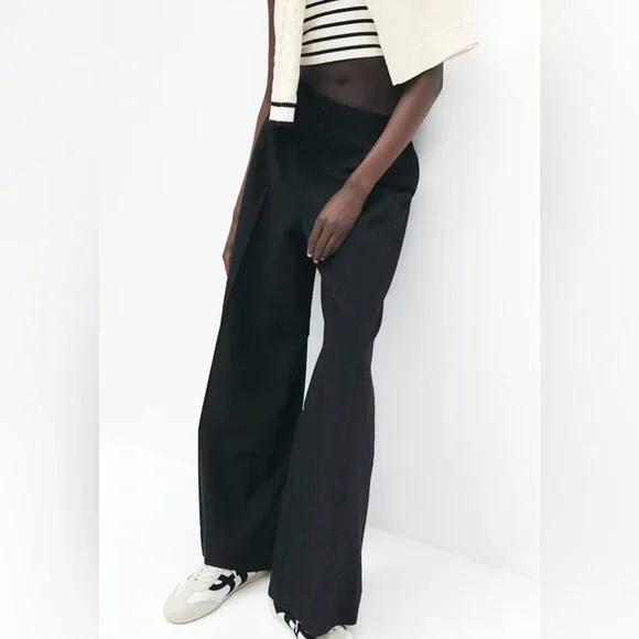 H&M WIDE-LEG LINEN-BLEND PANTS BLACK SIZE 38