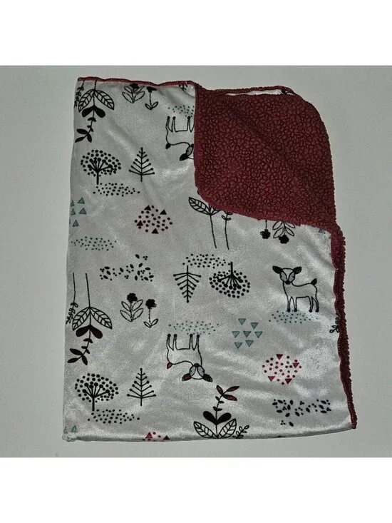 Chick Pea Fleece Sherpa Baby Blanket White Raspberry Woodland Deer Leaves