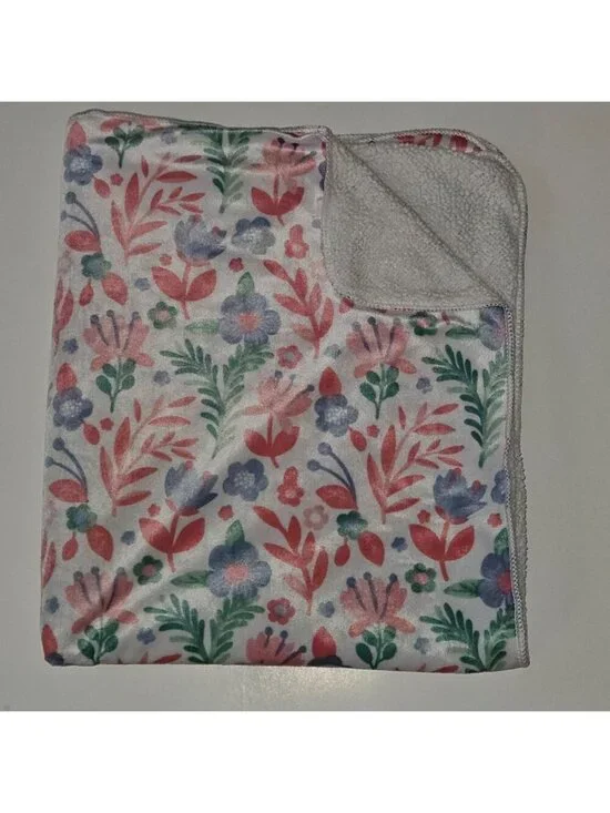 Pink Blue Green White Floral Print Baby Blanket Fleece Sherpa 119741 SL Home