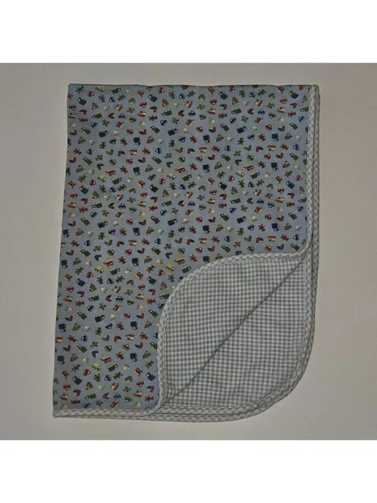 VTG Blue Cotton Baby Blanket Gingham Vehicle Car Truck Airplane Red Yellow Green